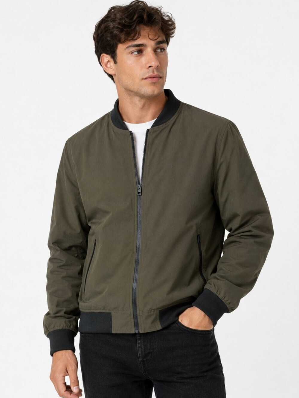 Zara Man Olive Green Bomber Jacket Mens XL Lightweight Zip Front